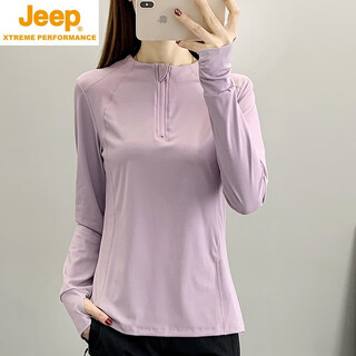 Jeep spirit sports quick-drying t-shirt women's long-sleeved slim half-zip fitness yoga wear pilates outdoor running hiking top light purple l