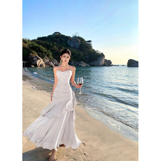Duofanlian spot high-quality dress for women spring and summer mermaid ruffle suspender dress birthday cocktail dress long skirt white s