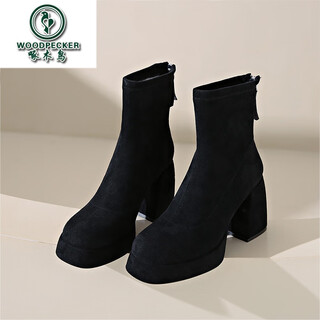 Woodpecker french high-heeled short boots for women 2025 autumn and winter new square toe thick-soled waterproof platform slim boots versatile thick-heeled martin boots with velvet lining black 38
