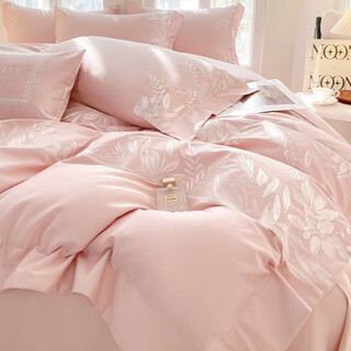 Mercury series class a light luxury style xinjiang long-staple cotton four-piece pure cotton embroidered quilt cover pure cotton simple fitted sheet high-end bedding maternal and infant grade a class cotton (pink) 1.8m bed sheet style four-piece quilt cover 200x230cm