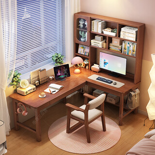 Huixun solid wood corner desk l-shaped computer desk home bedroom window work table 7-shaped office desk corner study table walnut color #desk + bookshelf 140cm*60cm*186cm auxiliary seat length 120cm