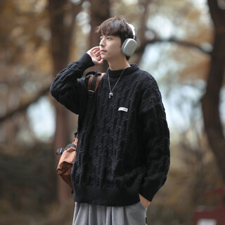 Oemg japanese lazy style retro sweater for men and women in autumn and winter new thickened round neck sweater loose line clothes black high quality xl recommended 125-140jin jin equals 0.5 kg