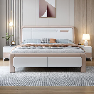 Jingji 2025 new mortise and tenon all solid wood bed light luxury modern simple white master bedroom double bed high box storage wedding bed silent bed (two colors optional, please note when ordering) 1.5m*2m frame style