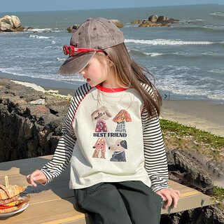 童装儿童长袖T恤女童插肩袖打底衫亲子装2025春装新款潮 黑白条纹 100 _身高约100cm