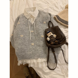 Style rabbit 2024 autumn and winter lazy, sweet and cute bow three-dimensional sweater women's v-neck long sleeve trendy branded sweater gray one size