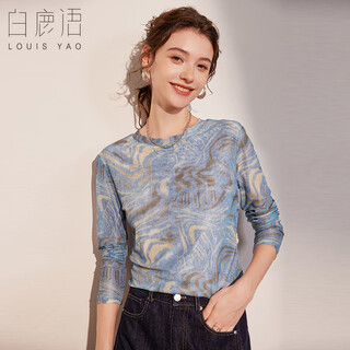 Bailuyu spring and autumn round neck printed t-shirt temperament slightly elastic slim long sleeve bottoming shirt women blue l