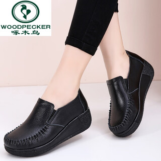 Woodpecker thick-soled rocking shoes women's genuine leather shoes spring, summer and autumn soft-soled wedge mom's shoes non-slip large size hollow breathable elegant black ym1028 39