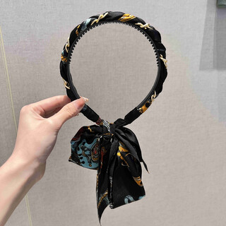 Mixin retro chain ribbon headband women's spring and summer elegant fabric silk scarf headband braided hair clip headband black model