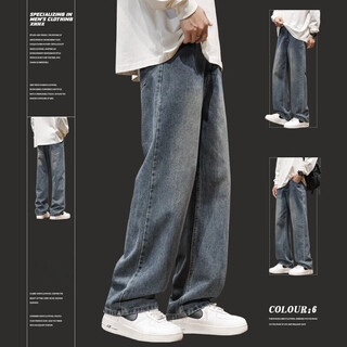 FOG SKY美式复古牛仔裤男秋冬季潮牌直筒裤宽松休闲阔腿裤子男士 XY-NZK8374青蓝 XL （建议130-145斤）