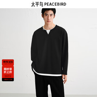 Peacebird men's t-shirt 25 autumn new henley collar heavy long sleeve shirt wide version fake two-piece loose bottoming shirt black second batch s