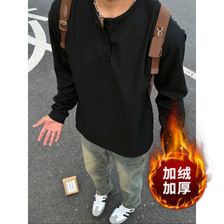 Digada american henry collar waffle sweatshirt for men in autumn and winter plus velvet inner layering shirt casual long-sleeved t-shirt top cqs-1381 black plus velvet m