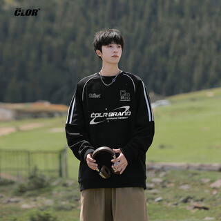 Clor american striped patchwork sweatshirt men's autumn and winter tops trendy casual loose long-sleeved t-shirt wyc10 black xl