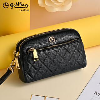 Goldlion women's bag genuine leather 2025 summer new fashion clutch zipper large capacity coin purse mobile phone bag women's wallet black
