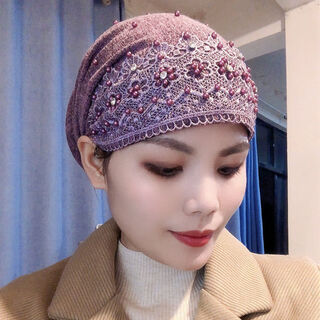 Yimi mei hui hat women's winter style autumn and winter thickened baotou hat fashion beaded pullover hat warm mom lady's hat purple