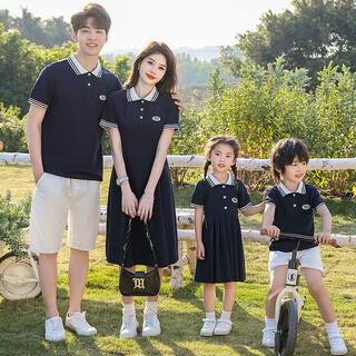 Little bear elf (xiaoxiongjingling) parent-child clothing for a family of four, summer clothing for a family of three, family clothing for mother and daughter, slim dress, short-sleeved polo shirt, father-son suit, male polo shirt/female dress, girl size 90 (recommended weight 18-25 jin jin equals 0.5 kg)