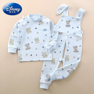 Disney children's clothing, baby, autumn clothes, long johns and overalls, open crotch, men's and women's underwear, cotton belly pants, autumn clothing, blue bear, autumn clothes + open crotch overalls, 73cm, height 60-70cm, slim fit
