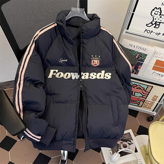 Bo mingchen american retro thickened cotton coat men's winter fashion brand contrasting color three-stripe loose casual couple stand collar cotton coat navy blue l recommended 105-120jin jin equals 0.5 kg