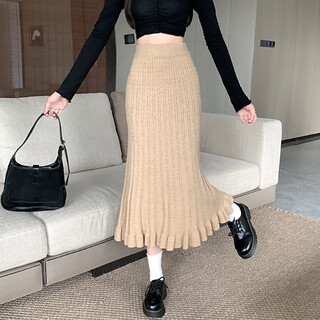 Kailian gestrickter Rock für Frauen Mode vielseitig hohe Taille mit mittlerer Länge großer Saumrock Festfarbtemperament Faltenrock P0Q844 Khaki-2366 Einzelgröße