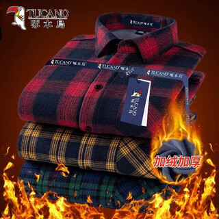Woodpecker plaid shirt men's long sleeve 2025 new winter velvet thickened casual bottoming shirt warm shirt 01 red plaid velvet thickened xl