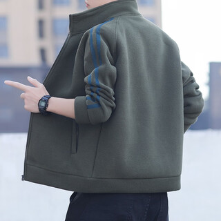 Guqian jacket men's autumn and winter casual loose stand-collar jacket men's fleece warm striped polar fleece gown top clothes green l - recommended 120-140 jin jin equals 0.5 kg