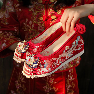 Tianyi bride xiuhe wedding shoes, tassel hanfu shoes, antique embroidered shoes, chinese style heightening red retro wedding shoes with cheongsam, tassel hanfu wedding shoes, supreme fengming red size 36