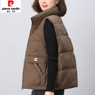 Pierre cardin stand-up collar down cotton vest for women 2025 autumn and winter new fashion short thin cotton vest for small people to wear, coffee color l recommended 100-115jin jin equals 0.5 kg