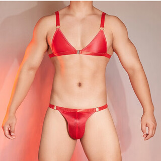 The temptation of desire gay sexy underwear men's metal ring suspension three-point japanese-korean style male passion temptation set sexy t-string transvestite briefs gay adult products red top + red underwear one size