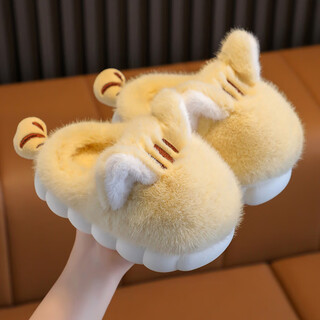 Muni children's cotton slippers autumn and winter cartoon cute kitten claw slippers baby home indoor thick soled girls slippers winter lemon yellow 34/35 size inner length 21.5cm