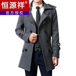 Hengyuanxiang winter men's woolen coat mid-length autumn double-breasted youth windbreaker slim korean style men's thickened coat gray 5xl 175-185jin jin equals 0.5 kg