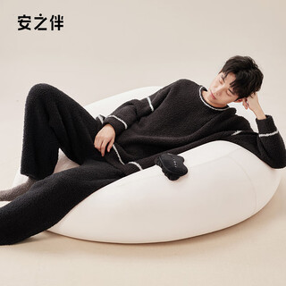 Anzhiban autumn and winter couple pajamas half-velvet soft skin friendly breathable can be weared out solid color simple home clothes set a black (male) l