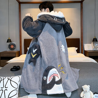 Yougang pajamas autumn and winter men's plus velvet thickened coral velvet pajamas winter men's teenagers large size home clothes set winter ml105 shark pajamas + pants xl (175cm recommended weight 130-155)