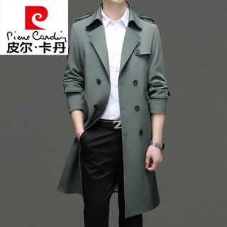Pierre cardin windbreaker men's long 2025 spring and autumn business casual suit collar coat british style knee-length coat men's knitted pea green xl 180 recommendation 145-165jin jin equals 0.5 kg