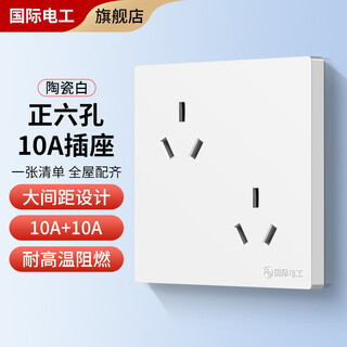 国际电工开关插座面板斜6孔六孔插座三三86型错位双三孔3孔二位三极电源 白色【10安斜六孔】 插座