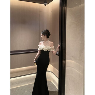 Yiou halter neck one-shoulder sequin mesh splicing velvet dress women's long slim banquet dress 2379 black m