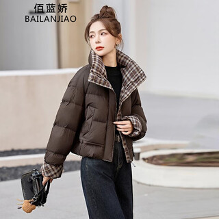Bailanjiao down jacket women's short 2025 winter new high-end fashion western style plaid splicing 90 duck down thick jacket brown s