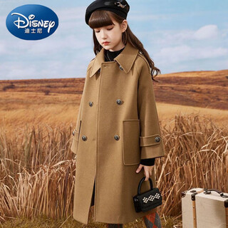 Disney (disney) girls' wool coat children's british style jacket autumn and winter new style western style mid-length big children's wool coat warm khaki wool coat size 160 recommended height 150cm