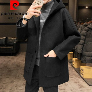Pierre cardin trench coat men's autumn and winter korean version trendy casual handsome cotton thickened mid-length hooded loose woolen coat black l -110-130jin jin equals 0.5 kg