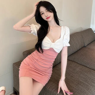 He jianyong nightclub sexy women's slim nightclub sexy hip dress bath massage skirt technician one-piece work clothes pink white 110 free size m size recommended 95-jin jin is equal to 0.5 kg
