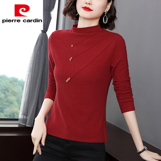 Pierre cardin double-sided german velvet long-sleeved bottoming shirt for women spring and autumn half turtleneck inner t-shirt 2025 new warm shirt 21375 (cherry red) 2xl