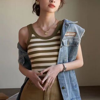 Camisole women's summer inner wear with breast pads niche design striped underwear white sleeveless bottoming top green-striped long xl 125-145