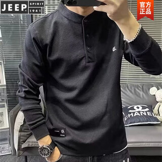 Jeep spirit men's autumn new henry collar long-sleeved t-shirt solid color korean fitness bottoming shirt slim men's fashion black m