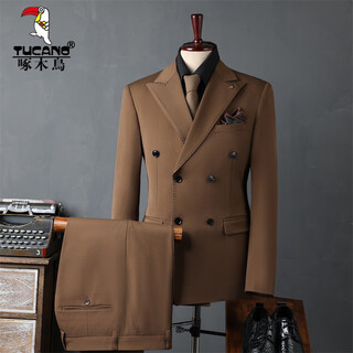 Woodpecker (tucano) men's double-breasted suit suit, men's business formal wear, korean groomsmen's suit, wedding suit, groom's suit jacket, men's brown double-breasted suit (suit + trousers) 50/l (112-125jin jin is equal to 0.5kg)