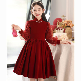Young girl's new year's dress velvet autumn and winter new red velvet girl's dress little girl princess dress red velvet style velvet lining 120