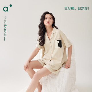 Anzhiban super soft couple pajamas summer skin friendly cotton casual loose short sleeve shorts basic women's home clothes milk apricot yellow-female xl