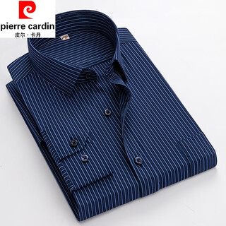 Pierre cardin, удобная рубашка с длинными рукавами из чистого хлопка, мужская весна и осень, новый стиль, без глажки, деловая формальная свободная рубашка для папы с настоящим карманом, темно-синяя полосатая рубашка с длинными рукавами 42 рекомендуется 145-165 jin jin равен 0,5 кг