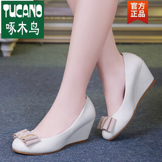 Woodpecker women's shoes 2026 new spring and autumn inner heightened wedge peas shoes mid heel versatile four seasons work leather shoes for women white bow 0628 38