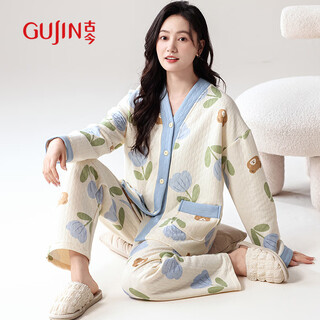 古今（GUJIN）三层夹棉睡衣女士秋冬空气棉加厚保暖家居服长袖大码开衫外穿套装