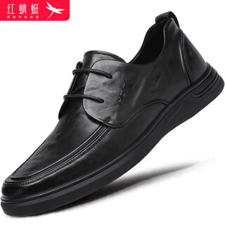 红蜻蜓皮鞋男耐磨四季款牛皮手抓纹男士商务休闲鞋男wta343021黑色43