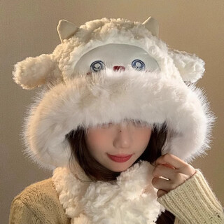 Demi anissa cute little sheep fleece hat winter new cold-proof and warm hat women's scarf all-in-one thickened ear protection lei feng hat white hat and scarf all-in-one (ears can move)