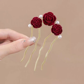 Meng junchen's new chinese style hairpin for women, burgundy camellia bud u-shaped hairpin, ball head hair styling accessories, new chinese style rose hairpin
